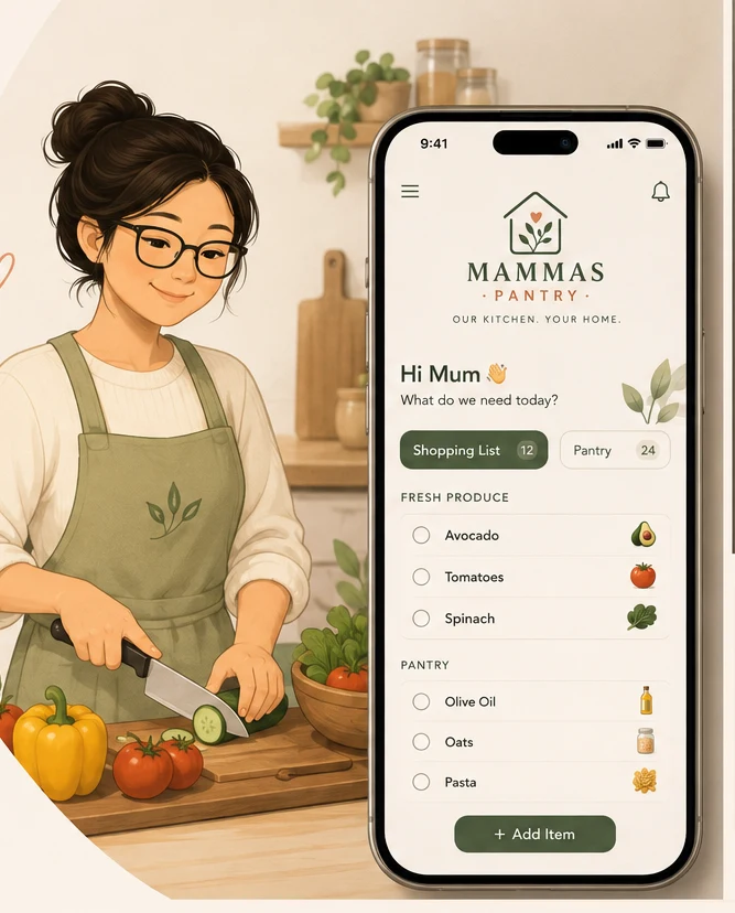 A woman in an apron chopping vegetables at her kitchen bench